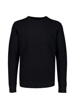 Sort langærmet crew neck sweater med tekstureret vaffelstrik mønster og ribkanter ved ærmer og bund.
