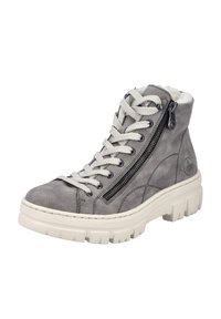 Scarpe alta in suede grigio con lacci beige e zip laterale; caratterizzate da una suola bianca spessa e una fodera morbida. I dettagli cuciti aggiungono consistenza.