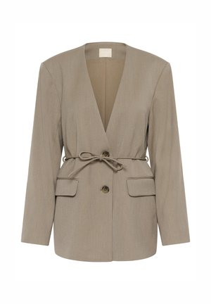 Beige blazer with a deep V-neck, long sleeves, a tie waist, and two front pockets. Features a single button closure and a smooth texture.
