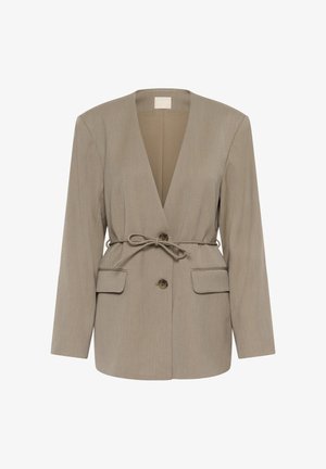 Beige blazer with a deep V-neck, long sleeves, a tie waist, and two front pockets. Features a single button closure and a smooth texture.