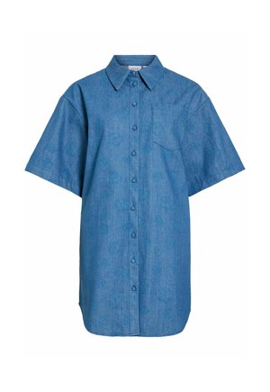 Zils īsroku pogājams džinsa krekls ar apkakli, krūšu kabatu un smalku ziedu izšuvuma rakstu.