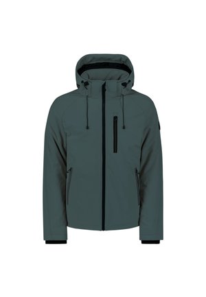 Water-resistant jacket in dark gray, featuring a hood, front zip closure, two side pockets, and a chest pocket with a zipper.