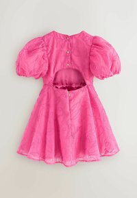 Rosa Kleid mit Puffärmeln, gesticktem Blumenmuster und offenen Rücken. Verfügt über goldene Knöpfe und einen Reißverschluss am Bund.