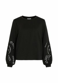 Top lungo nero a maniche, realizzato in un tessuto morbido, caratterizzato da intricati motivi floreali ritagliati sulle maniche. Ha un collo a giro e una vestibilità rilassata.
