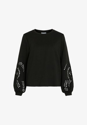 Top lungo nero a maniche, realizzato in un tessuto morbido, caratterizzato da intricati motivi floreali ritagliati sulle maniche. Ha un collo a giro e una vestibilità rilassata.