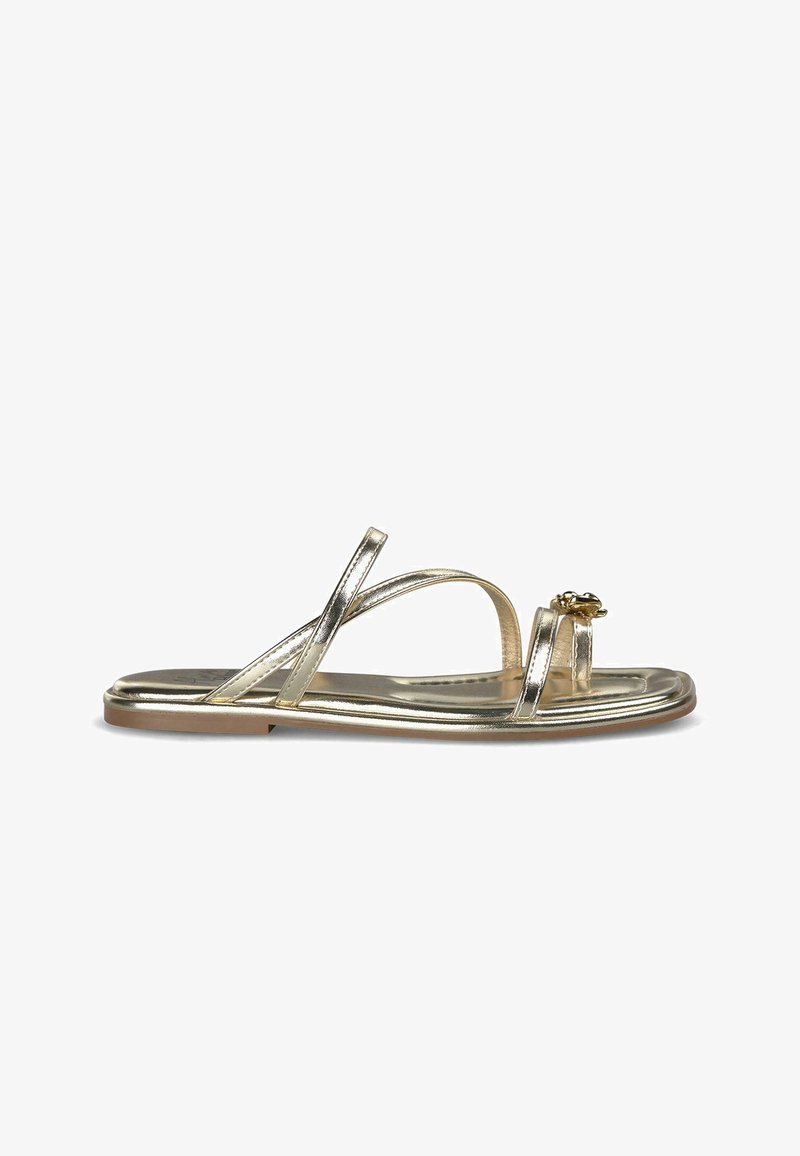 Gouden metallic sandaal met een vlakke zool, voorzien van dunne, kruislingslopende banden en een bloemaccent aan de zijkant. Strakke textuur, minimalistisch ontwerp.
