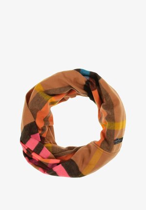 Pyöreä huivi pehmeästä kankaasta, jossa on lämmin ruskea pohja ja oransseja, vaaleanpunaisia, keltaisia ja sinisiä ruutukuoseja.