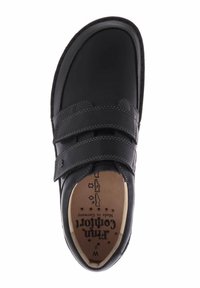 Schwarzer Lederschuh mit zwei verstellbaren Riemen, runder Zehenpartie, gepolsterter Innensohle und kontrastierenden Nähten. Das Innenetikett lautet "Fron Comfort."