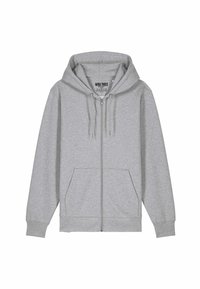 Felpa grigia con zip e cappuccio realizzata in morbido cotone misto, con tasca frontale, cordino e polsini a costine.