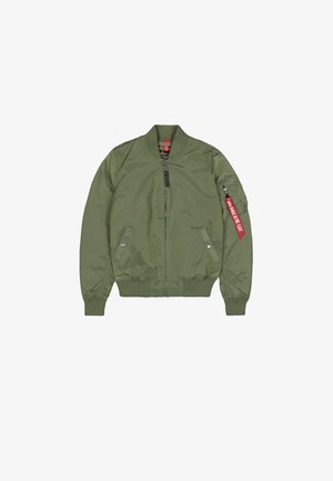 Olijfgroene bomberjack met ritssluiting aan de voorkant, geribbelde boorden en zoom, zijzakken en een ritszak op de mouw met een rood stoffen label.