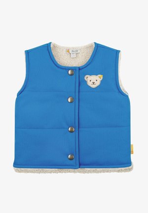 Gilet imbottito blu con una fodera di peluche color crema, dotato di un patch a forma di orso sul petto e bottoni a pressione argentati lungo la parte anteriore.