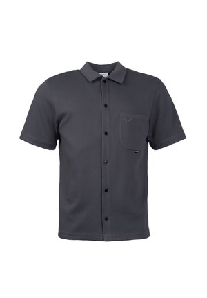 Donkergrijs kortärmelig overhemd met knopen, een kraag en een borstzak met een klein geborduurd logo.