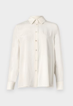 White button-up shirt in lightweight fabric, featuring a classic collar, long sleeves, and a straight cut with a smooth texture.