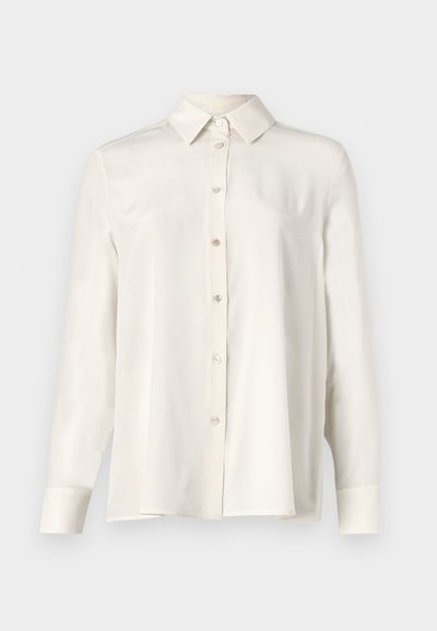 White button-up shirt in lightweight fabric, featuring a classic collar, long sleeves, and a straight cut with a smooth texture.