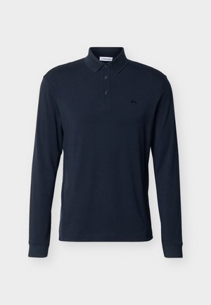 Herenpolo met lange mouwen in donker marineblauw, voorzien van een drieknopsbies en een klein zwart logo op de linkerborst.