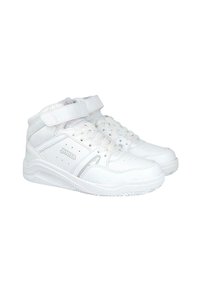 Zapatillas deportivas blancas de caña alta con cierre de cordones y tira de Velcro. Presentan un material texturizado y detalles perforados para transpirabilidad.