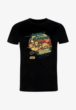 Sort bomulds t-shirt med et farverigt grafisk motiv af en speeder, teksten "Velkommen til Tatooine" og Star Wars logoet.