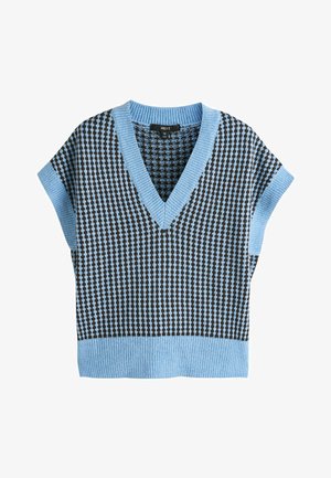 Varrukateta sinine ja pruun kampsun, millel on V-kaelus, soonikuga alumine serv ja riidepinnal väikesed teemantmustrid.