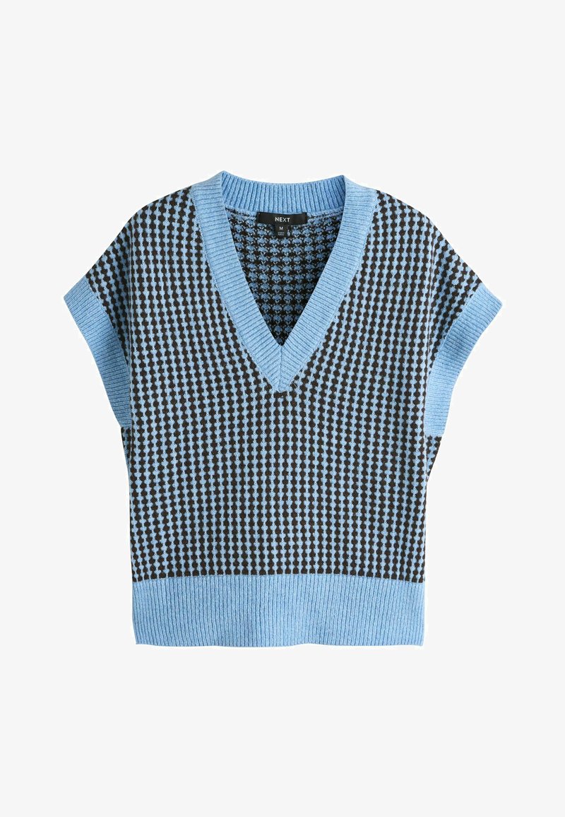 Pull sans manches bleu et marron, avec un col en V, un ourlet côtelé et un motif texturé de petits diamants sur le tissu.