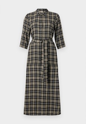 Robe longue à carreaux avec col, fermeture à boutons sur le devant, manches trois-quarts et taille cintrée par un lien. Les couleurs incluent le noir, le beige et le blanc.