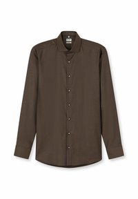 Braunes langärmliges Hemd mit strukturiertem Muster, durchgehender Knopfleiste und klassischem Kragen. Der Stoff hat eine glatte Oberfläche.