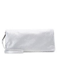 Průhledná stříbrná kabelka na ruku s mřížkovou texturou, s hladkým povrchem. Zapínání na zip není viditelné. Šířka 30 cm.