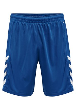 Blue athletic shorts made of smooth, lightweight fabric. Features white diagonal stripes on both sides. Elastic waistband for comfort.