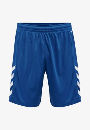 Blue athletic shorts made of smooth, lightweight fabric. Features white diagonal stripes on both sides. Elastic waistband for comfort.