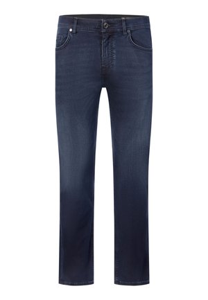 Dunkelblaue Straight-Leg-Denim-Jeans mit vorderem Knopf, Reißverschluss und Fünftaschen-Design.
