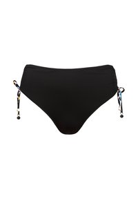 Czarny dół bikini z wiązaniami po bokach, zdobiony kolorowym wzorem. Gładka tekstura i wysoki stan zapewniają pełne pokrycie.