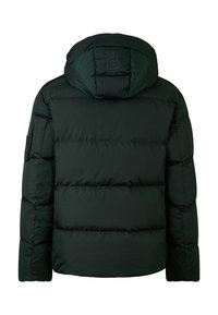 Dark green puffer jacket with a hood, featuring quilted sections and a prominent letter "B" stitched on the back. Smooth texture, insulated.