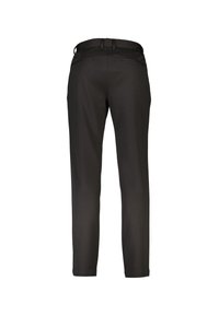 Schwarze Hose mit maßgeschneiderter Passform, aus glattem Stoff, mit Gürtelschlaufen, zwei Gesäßtaschen und geradem Bein.