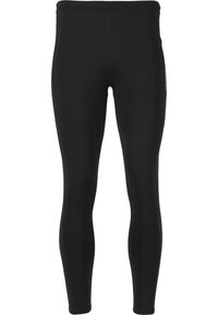 Schwarze Sportleggings aus dehnbarem Stoff, mit einem figurbetonten Design, glatter Textur und verstärkten Nähten für Langlebigkeit.