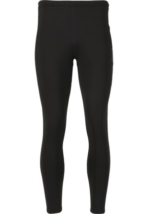 Sorte træningsleggings lavet af strækbart stof, med et tætsiddende design, glat tekstur og forstærkede sømme for holdbarhed.