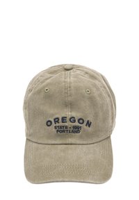 Olivengrün Baumwollkappe mit gebogenem Schirm, bestickt mit "OREGON" in marineblau, neben den Details "STATE. 1991 PORTLAND". Weiche Textur, sechspaneliges Design.