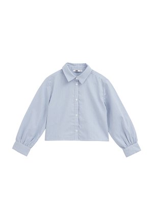Chemise courte bleu clair à manches longues avec rayures verticales blanches, boutonnée devant, col classique et poignets boutonnés.