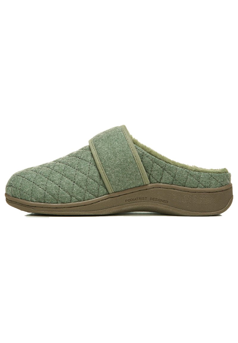 Green quilted slipper with a soft lining and slip-on design. Features a wide strap and a cushioned sole labeled "Podiatrist Designed."