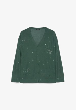 Cardigan verde scuro con bottoni, scollo a V e piccoli ornamenti argentati sparsi sul davanti e sulle maniche.