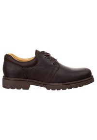 Scarpa in pelle marrone con profilo basso, punta rotonda, design con lacci a due occhielli e suola in gomma texturizzata per una migliore aderenza.