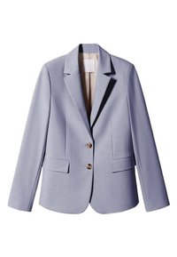 Blazer bleu clair en tissu structuré, doté d'un col cranté, de deux poches avant et de boutons dorés. Doublure intérieure lisse.