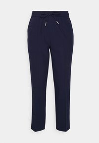 Navy tapered kalhoty s páskem na šňůrku, vynikající hladkým povrchem a jemnými předními skladbami, navržené pro pohodlí a snadné nošení.