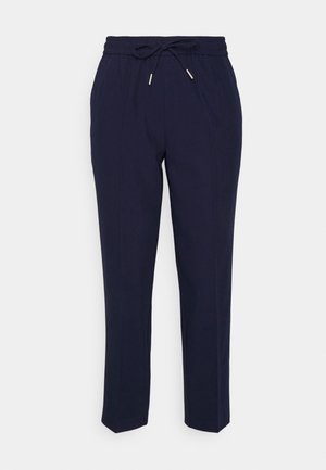 Navy tapered kalhoty s páskem na šňůrku, vynikající hladkým povrchem a jemnými předními skladbami, navržené pro pohodlí a snadné nošení.