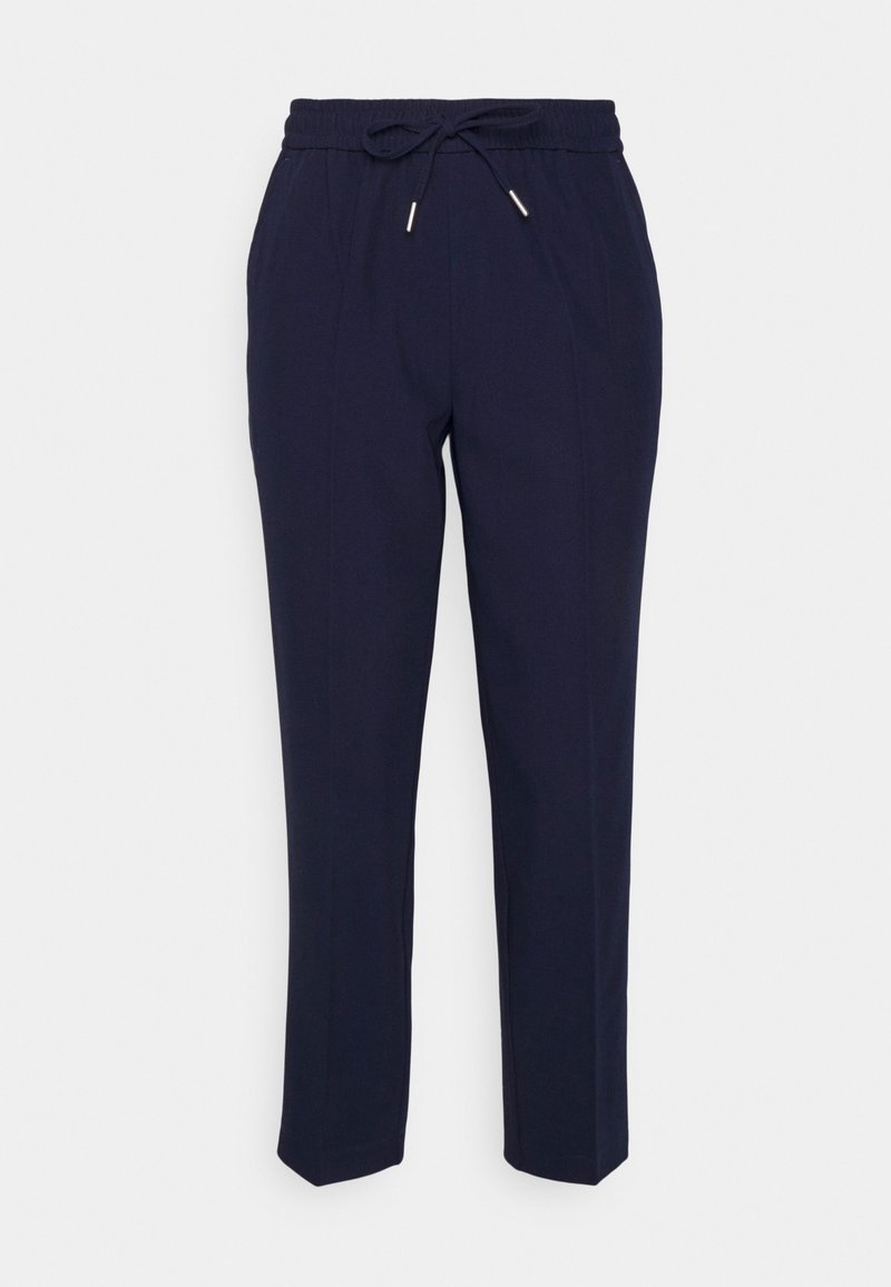 Navy tapered kalhoty s páskem na šňůrku, vynikající hladkým povrchem a jemnými předními skladbami, navržené pro pohodlí a snadné nošení.