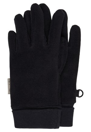 Paar schwarze Fleece-Handschuhe mit elastischen Bündchen und einer kleinen Schlaufe an einem Handschuh zum Aufhängen oder Befestigen.