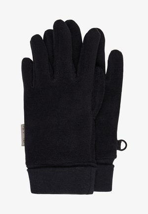 Paar schwarze Fleece-Handschuhe mit elastischen Bündchen und einer kleinen Schlaufe an einem Handschuh zum Aufhängen oder Befestigen.