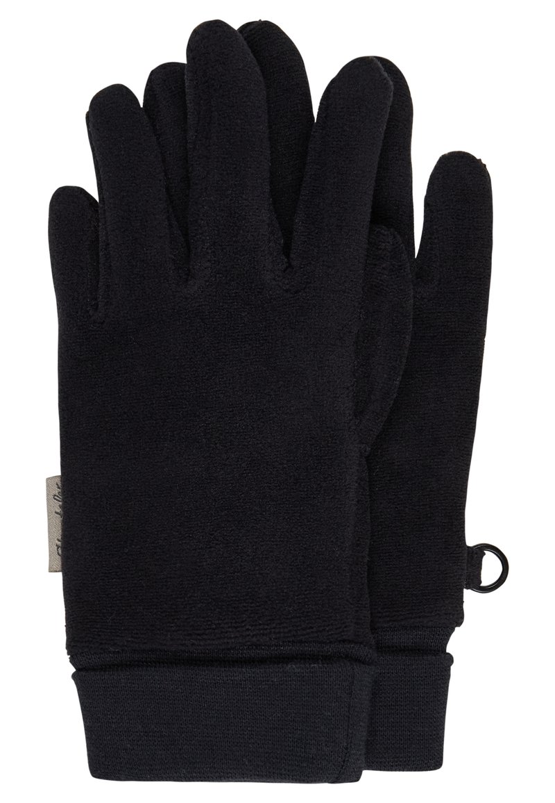 Pair of black fleece gloves with elastic cuffs and a small loop on one glove for hanging or attaching.