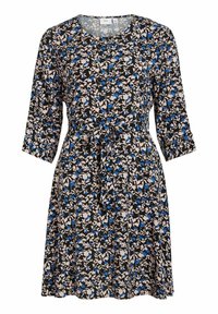 Robe fleurie avec des manches trois-quarts, base noire, motif floral crème et bleu, ceinture à la taille, silhouette en A, texture de tissu douce.