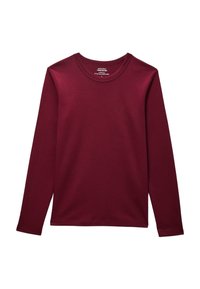 Chemise bordeaux à manches longues en coton. Elle présente un col rond et une texture lisse sans motifs ni accents visibles.