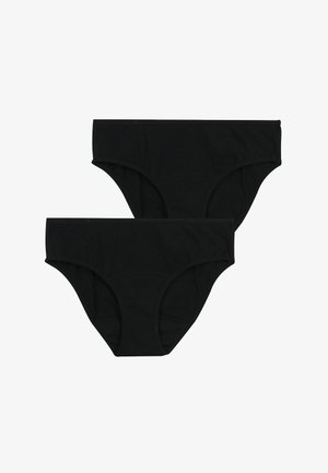 Deux culottes bikini simples en coton noir empilées sur un fond blanc.