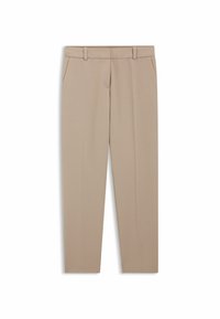 Beige op maat gemaakte broeken met een vlakke voorkant, zijzakken, riemlussen en een recht model. Gladde stof met een subtiele glans.